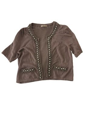 Vintage Y2K Darling Embellished Gray Short-Sleeve Cardigan w Pearls & Ruffles